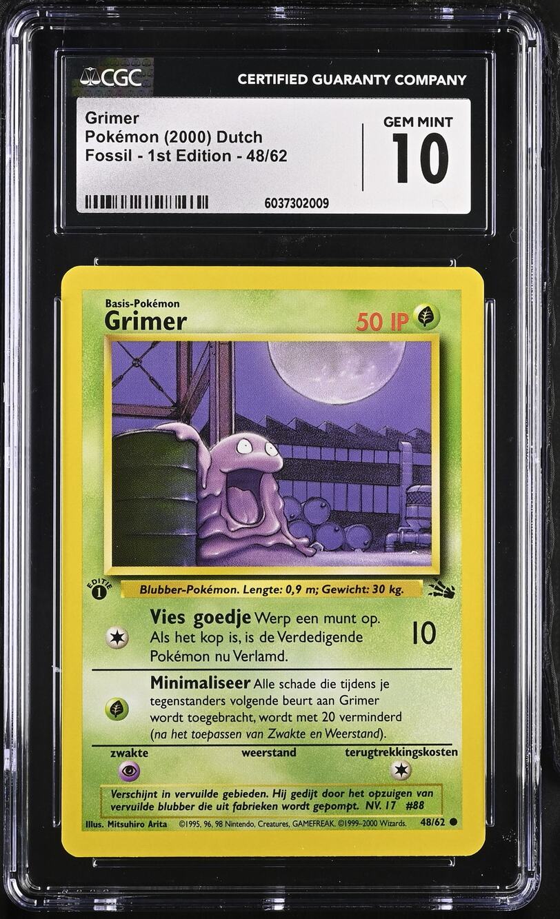 CGC 10 GEM MINT Grimer 1st Edition 48/62 Pokémon 2000 Dutch Fossil (PSA/BGS)